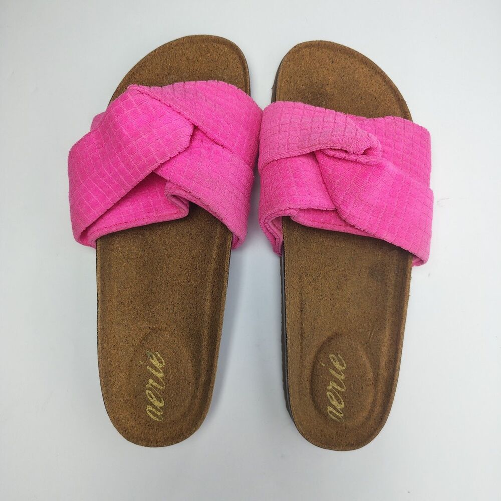 Arie Women's 9 Pink Puffy Twist Pink Strap Cork Footbed Slides Sandals Womens 9